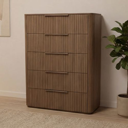 Arlo five drawer tallboy in oak, Stacks Warehouse AU