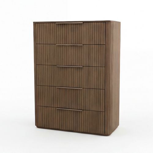 Arlo tallboy, vertical fluted solid rubber wood detailing in oak finish