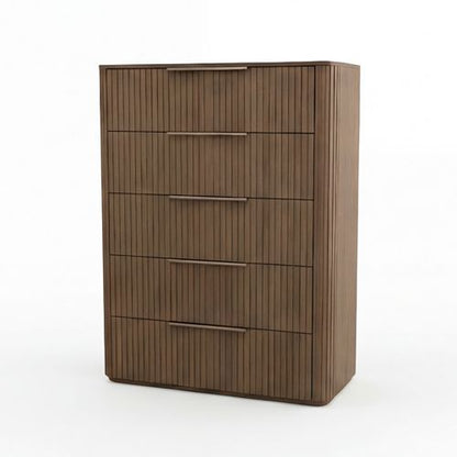 Arlo tallboy, vertical fluted solid rubber wood detailing in oak finish