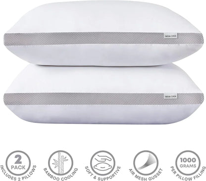 Two white Gioia Casa pillows with gray bamboo cooling air mesh gusset, soft supportive 2-pack set