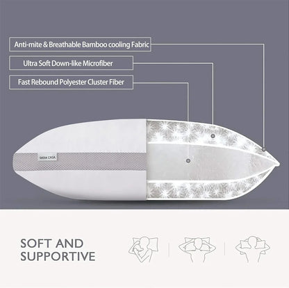 Cross-section of Gioia Casa pillow showing anti-mite bamboo cooling fabric, microfiber, polyester fiber