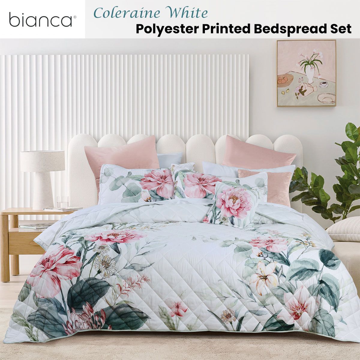 Bianca Coleraine White Floral Printed Bedspread Set Super King