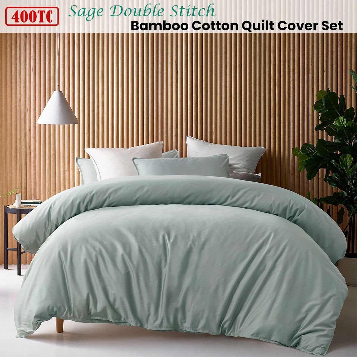 Accessorize 400TC Sage Bamboo Cotton Double Stitch Quilt Cover Set Queen