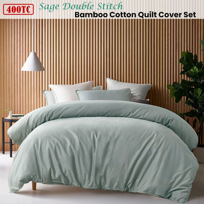 Accessorize 400TC Sage Bamboo Cotton Double Stitch Quilt Cover Set Super King