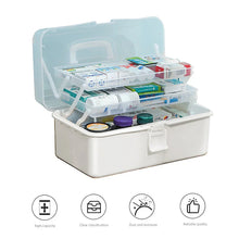 White plastic medicine storage box with clear lid and two-tier compartments, organized with various medical supplies, available at Flea Market online bargain store.