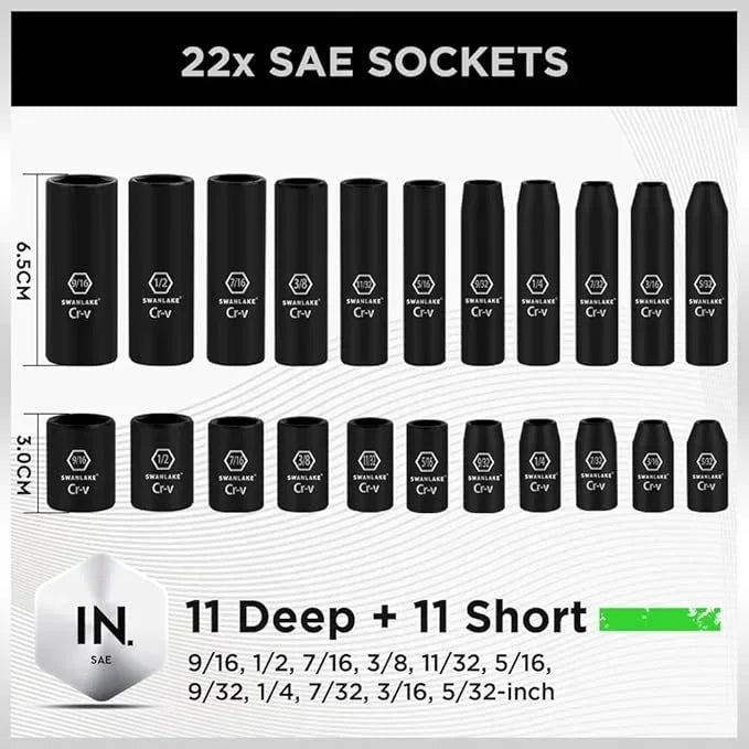 SWANLAKE 56pc 1/4" Drive Impact Socket Set SAE Metric 6-Point