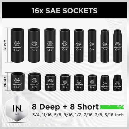 SWANLAKE 50pc 3/8" Drive Impact Socket Set SAE Metric 6-Point