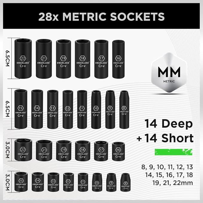 SWANLAKE 50pc 3/8" Drive Impact Socket Set SAE Metric 6-Point