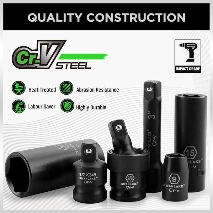 SWANLAKE 50pc 3/8" Drive Impact Socket Set SAE Metric 6-Point