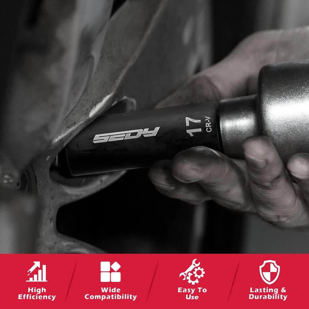 Hand using a 17mm CR-V impact socket wrench on a vehicle wheel lug nut, highlighting tool efficiency