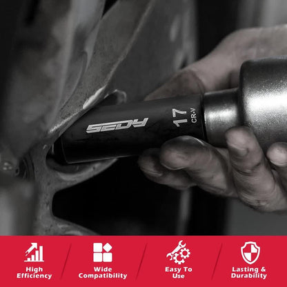 Hand using a 17mm CR-V impact socket wrench on a vehicle wheel lug nut, highlighting tool efficiency