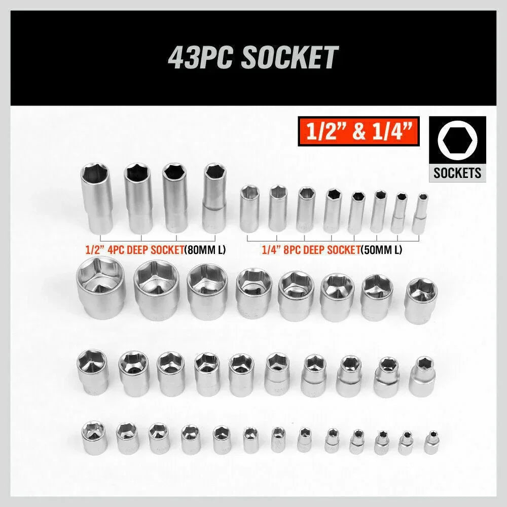 43-piece socket set with 1/2" and 1/4" drive deep and standard sockets in various sizes