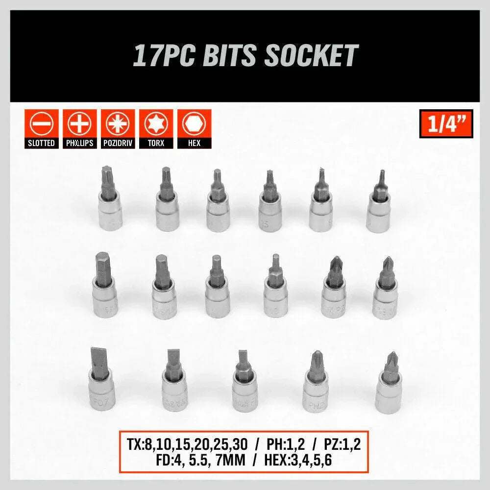 17-piece 1/4 inch bits socket set with slotted, Phillips, Pozidriv, Torx, and hex bits arranged in rows