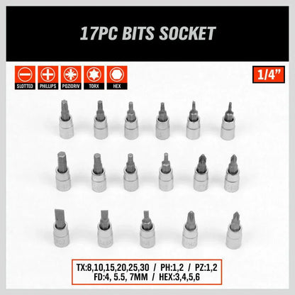 17-piece 1/4 inch bits socket set with slotted, Phillips, Pozidriv, Torx, and hex bits arranged in rows