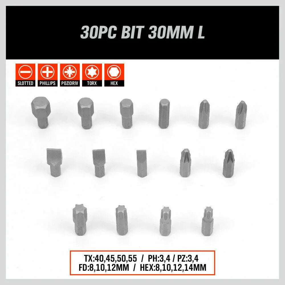 30-piece 30mm screwdriver bit set with slotted, Phillips, Pozidriv, Torx, and hex types