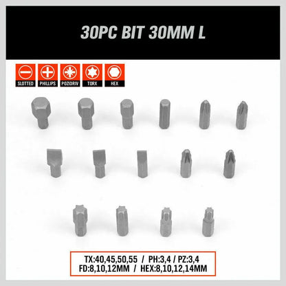 30-piece 30mm screwdriver bit set with slotted, Phillips, Pozidriv, Torx, and hex types