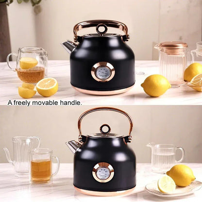 Black electric kettle with copper accents and temperature gauge, surrounded by lemons and glass mugs on white countertop