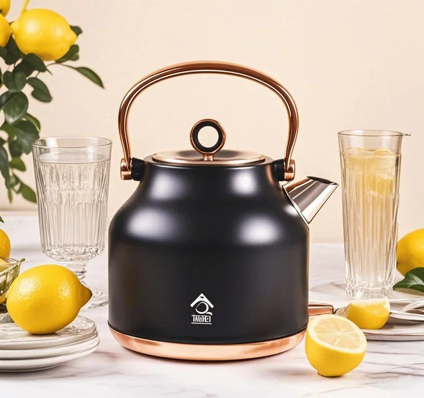 Black electric kettle with copper handle on marble table with fresh lemons and glasses of lemon water