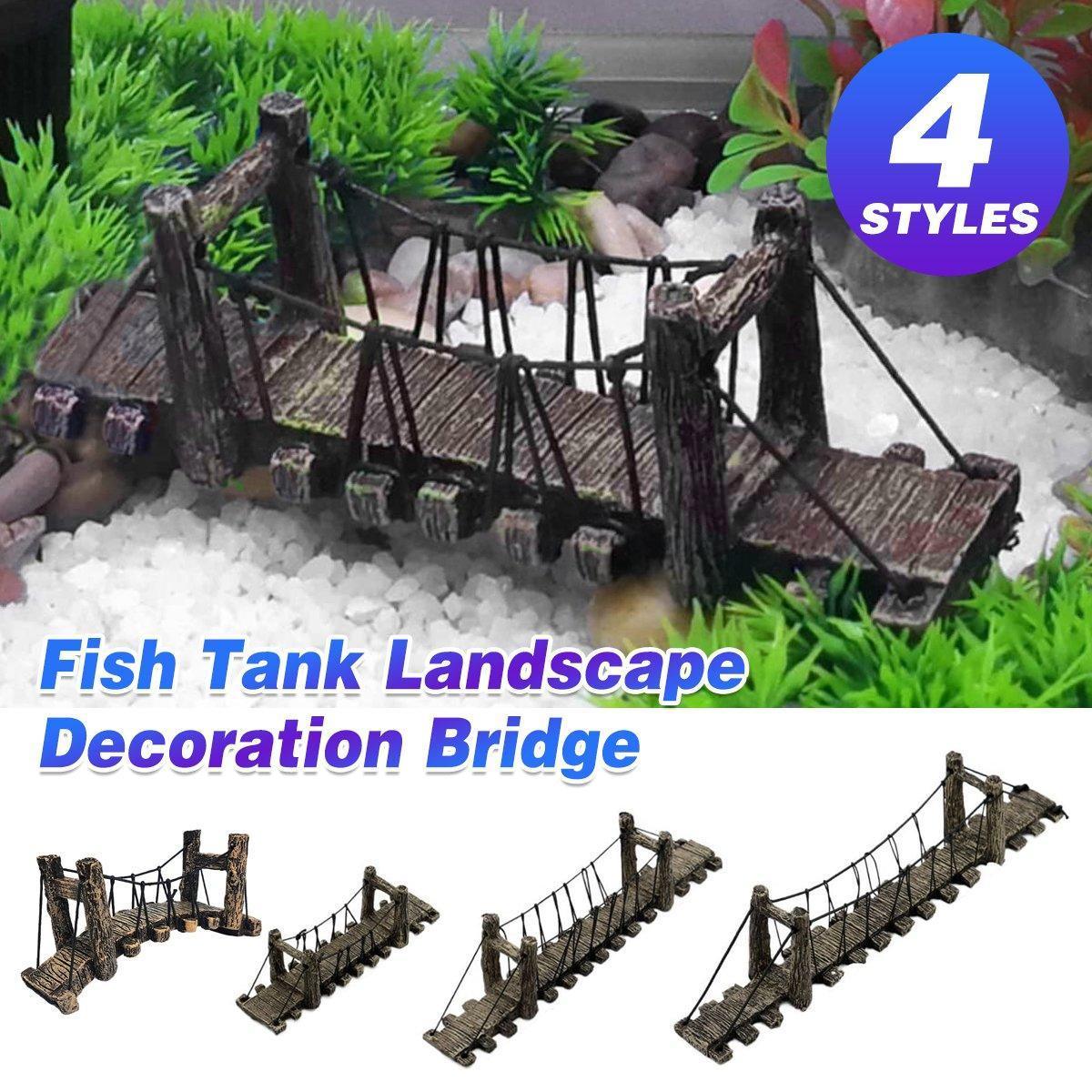 Miniature suspension bridge fish tank decoration with artificial plants and gravel, four styles shown.