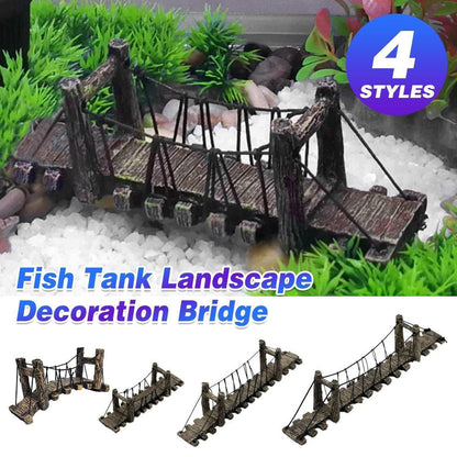 Miniature suspension bridge fish tank decoration with artificial plants and gravel, four styles shown.