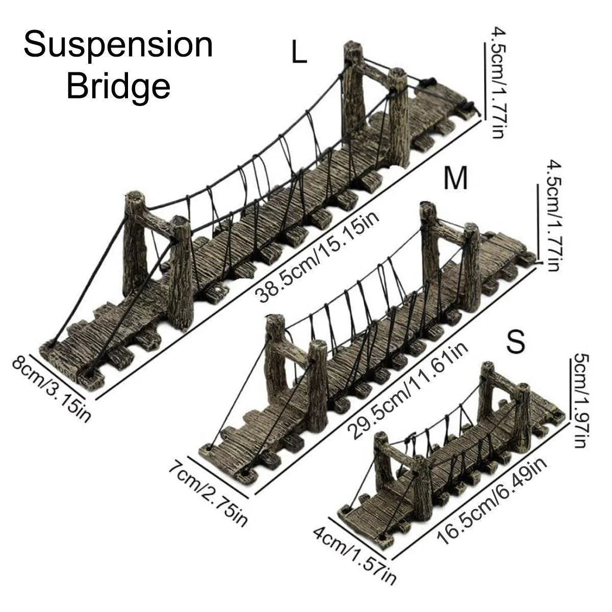 Miniature suspension bridge models in three sizes with labeled dimensions for decoration or crafts