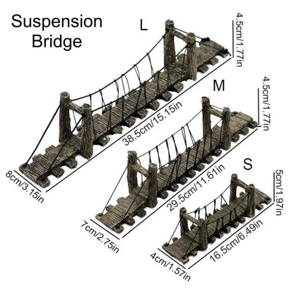 Miniature suspension bridge models in three sizes with labeled dimensions for decoration or crafts