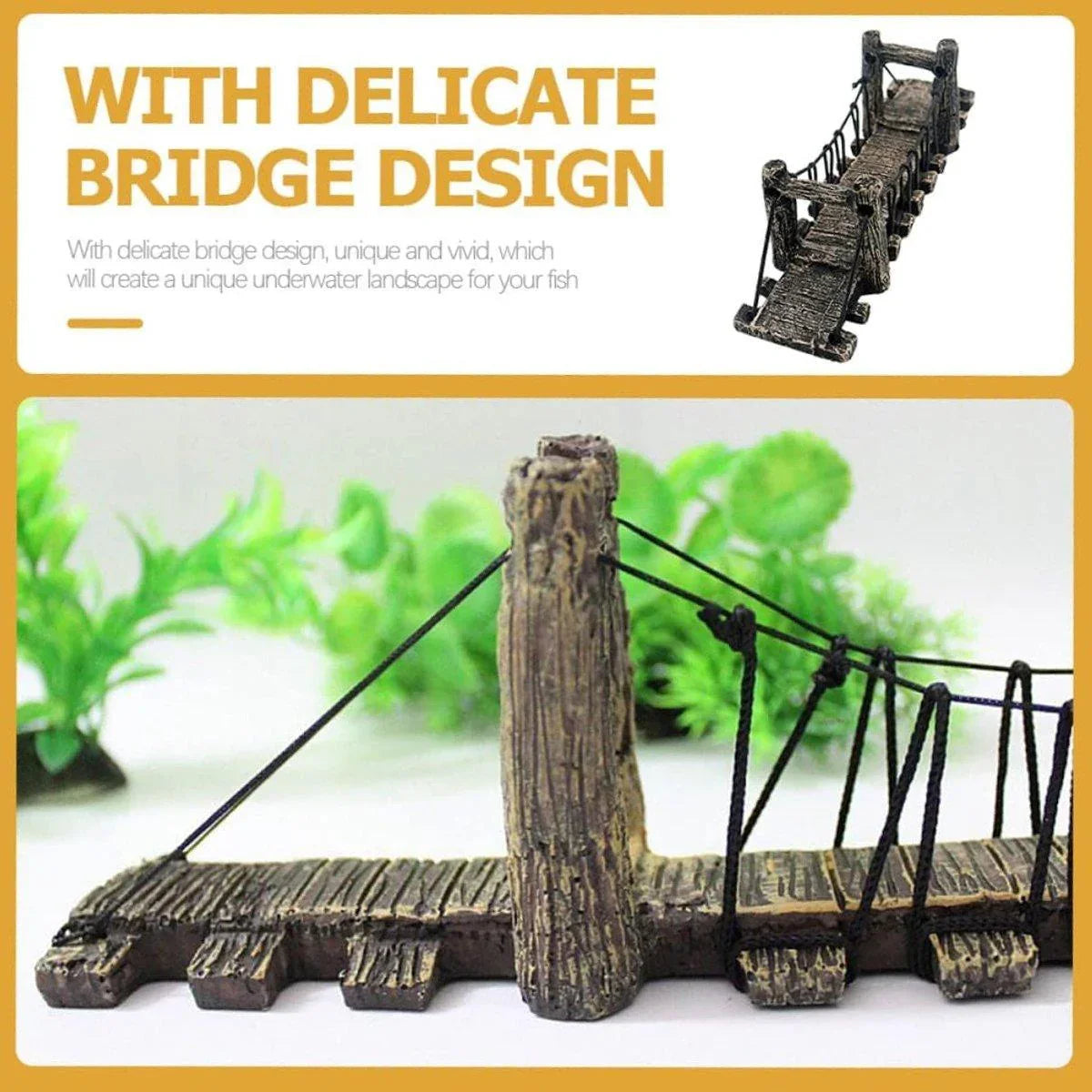 Aquarium ornament miniature wooden suspension bridge with detailed texture and rope design