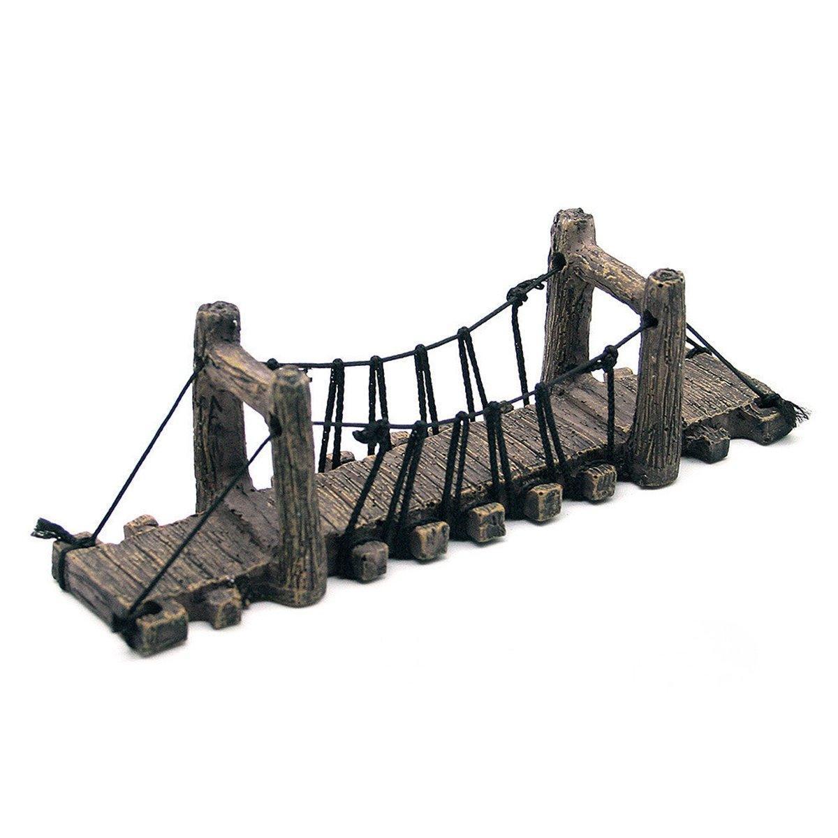 Miniature wooden suspension bridge ornament with rope details, rustic decor piece on white background.