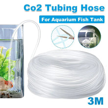 Clear 3 meter CO2 tubing hose for aquarium fish tanks, shown coiled beside a tank.
