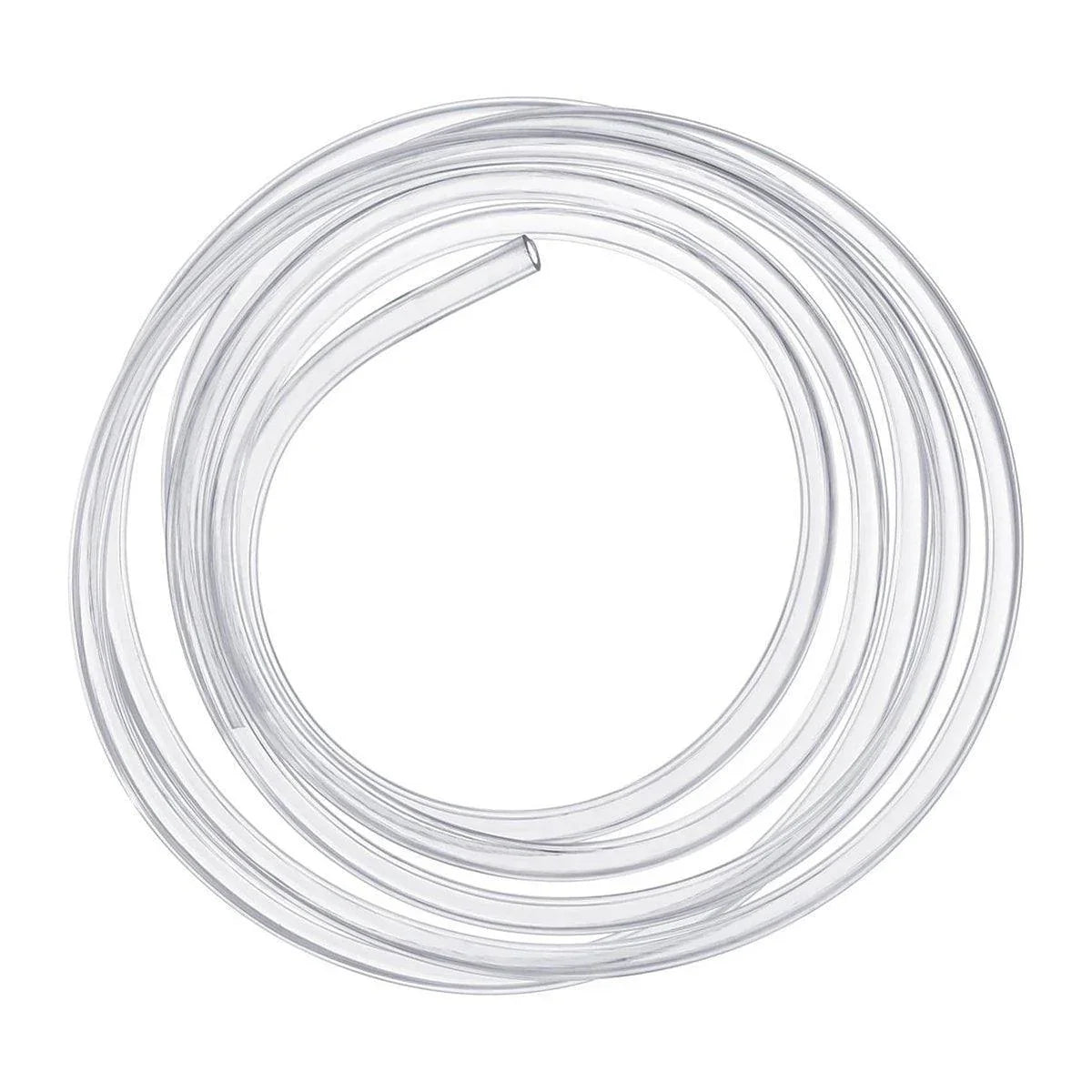 Clear flexible plastic tubing coil for air or water transfer, isolated on white background