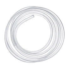 Clear flexible plastic tubing coil for air or water transfer, isolated on white background