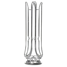 Chrome metal coffee pod holder organizer with vertical slots on white background
