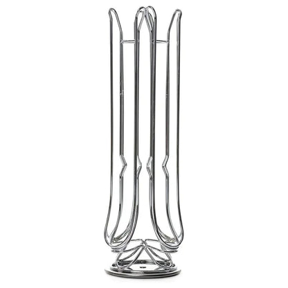 Chrome metal coffee pod holder organizer with vertical slots on white background
