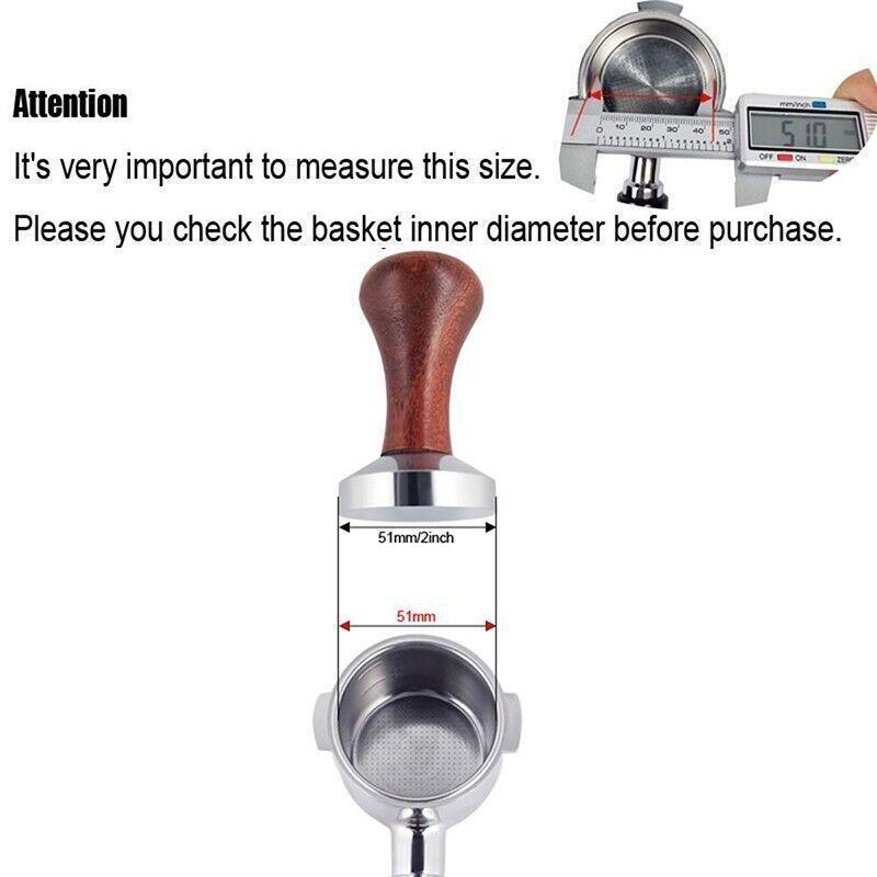 Coffee tamper with wooden handle measuring 51mm diameter for espresso basket fit check