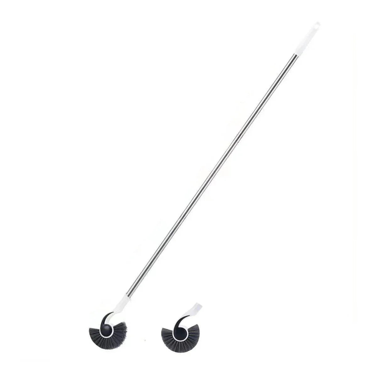 Long handle conch-shaped cleaning brush with black bristles and silver pole on white background.