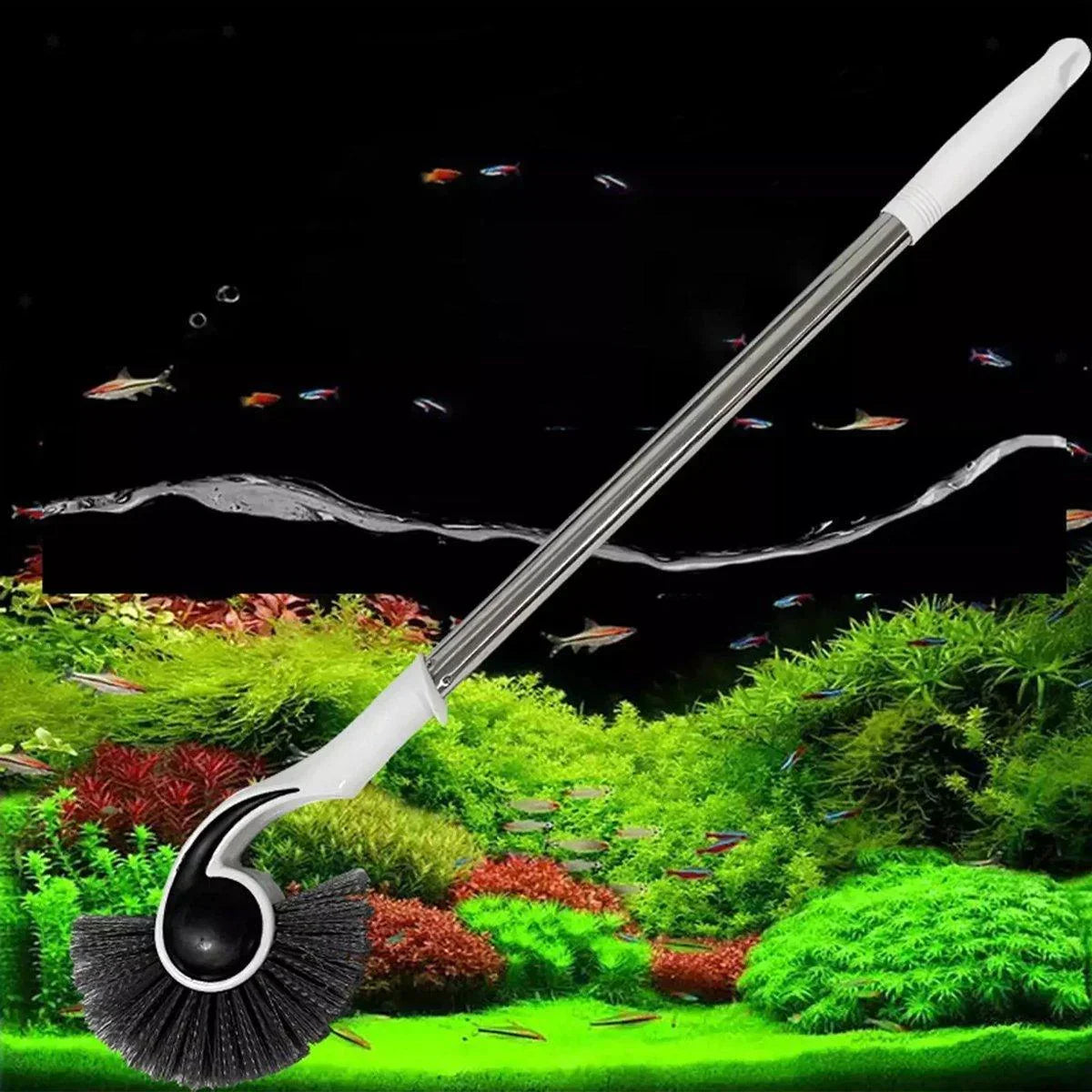 Long handle aquarium cleaning brush with black bristles, stainless steel shaft, and white grip