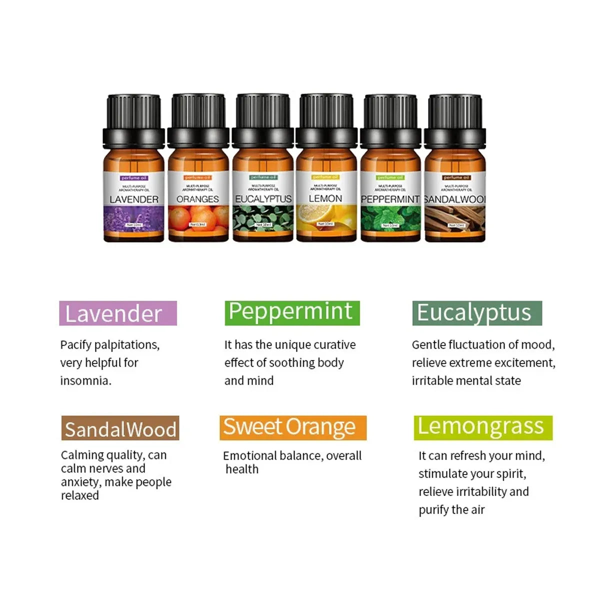 Essential Oil Set 6 Bottles Natural Aromatherapy Oils for Relax and Massage