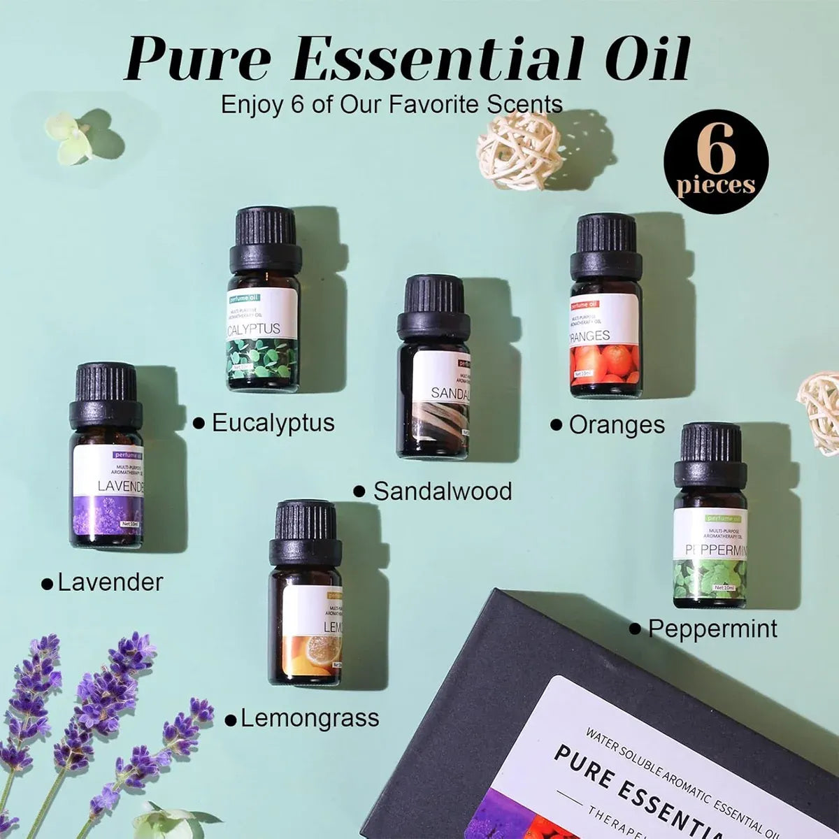 Essential Oil Set 6 Bottles Natural Aromatherapy Oils for Relax and Massage