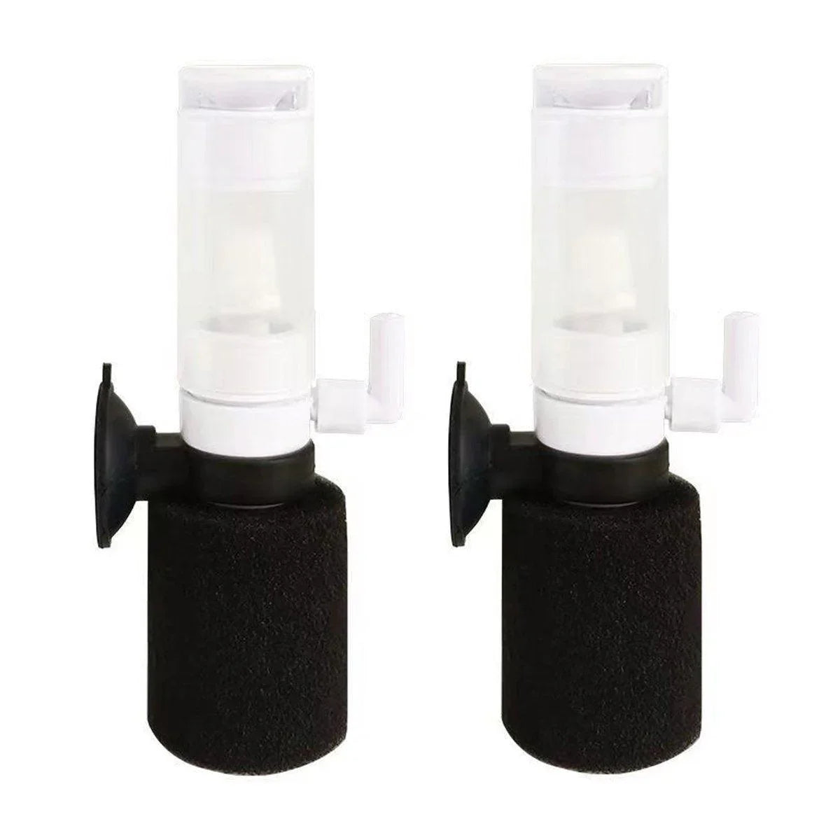Pair of aquarium sponge filters with black foam and suction cups, side by side on white background