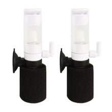 Pair of aquarium sponge filters with black foam and suction cups, side by side on white background