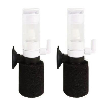 Pair of aquarium sponge filters with black foam and suction cups, side by side on white background