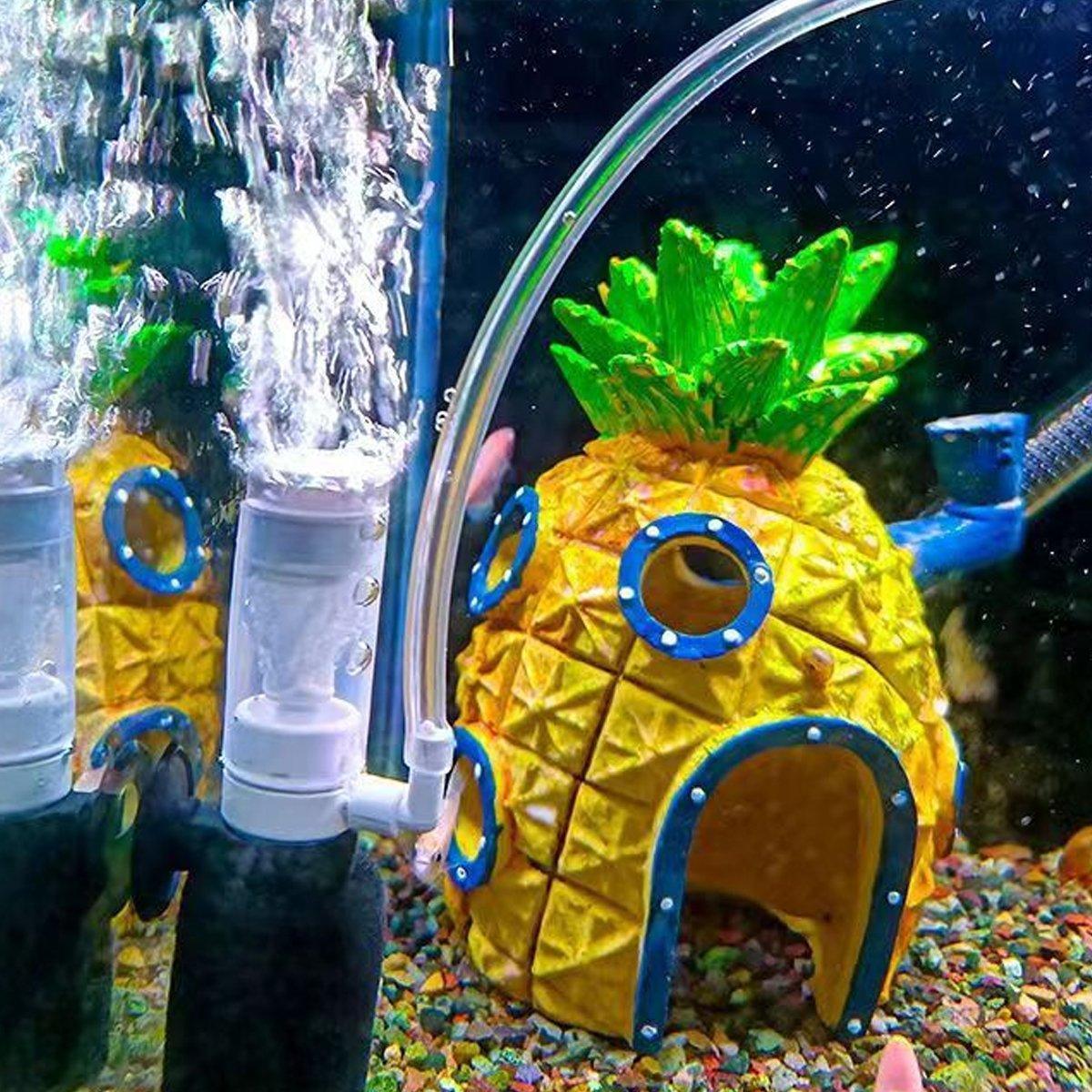 Aquarium sponge filter with bubbles beside pineapple house fish tank decoration