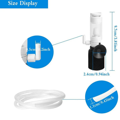 Aquarium filter and tubing set with measurements, includes sponge filter and clear hose.