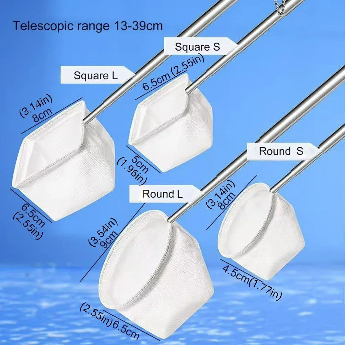 Aquarium Fish Net Retractable 13-39cm Square Small 5x6.5cm Stainless Steel