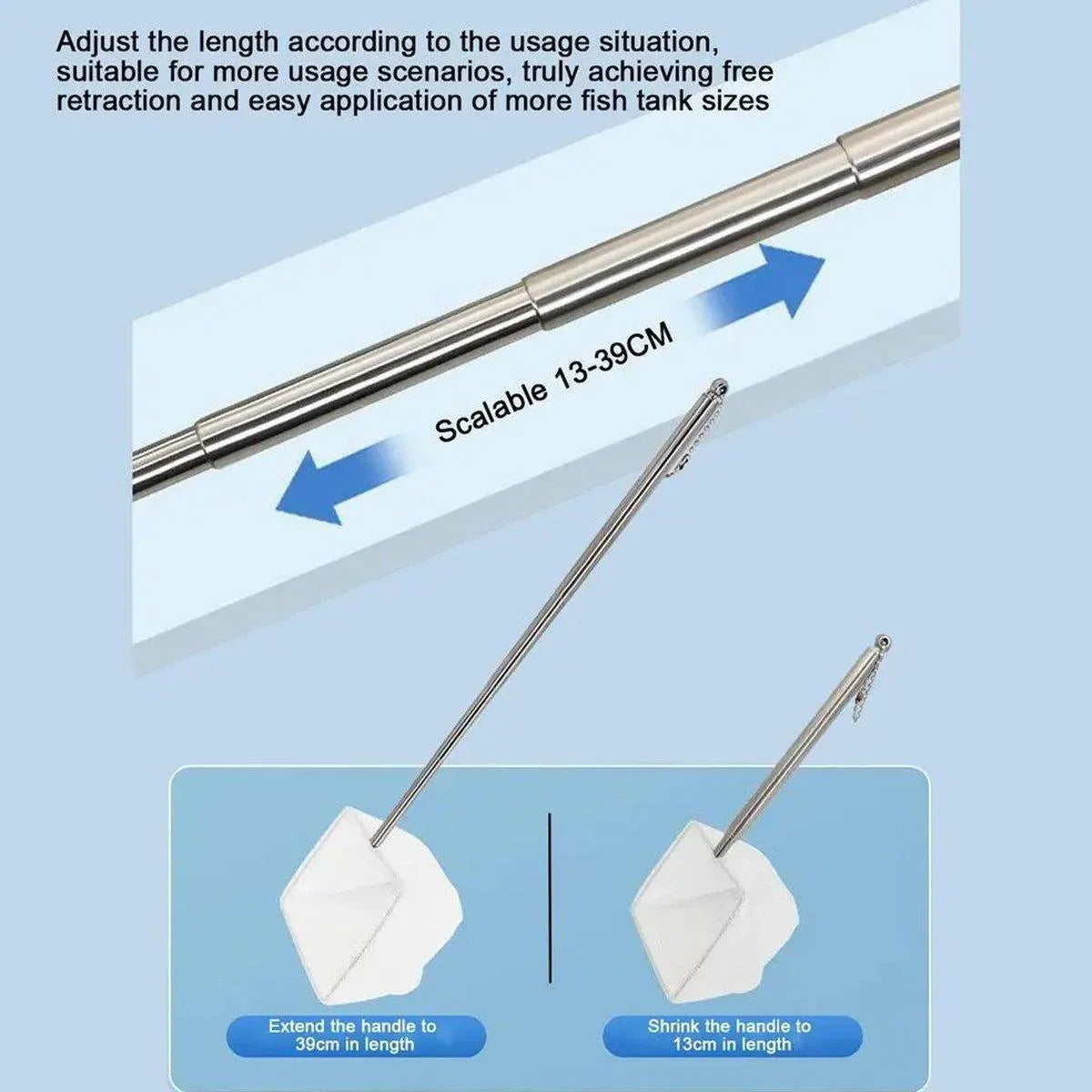 Aquarium Fish Net Retractable 13-39cm Square Small 5x6.5cm Stainless Steel