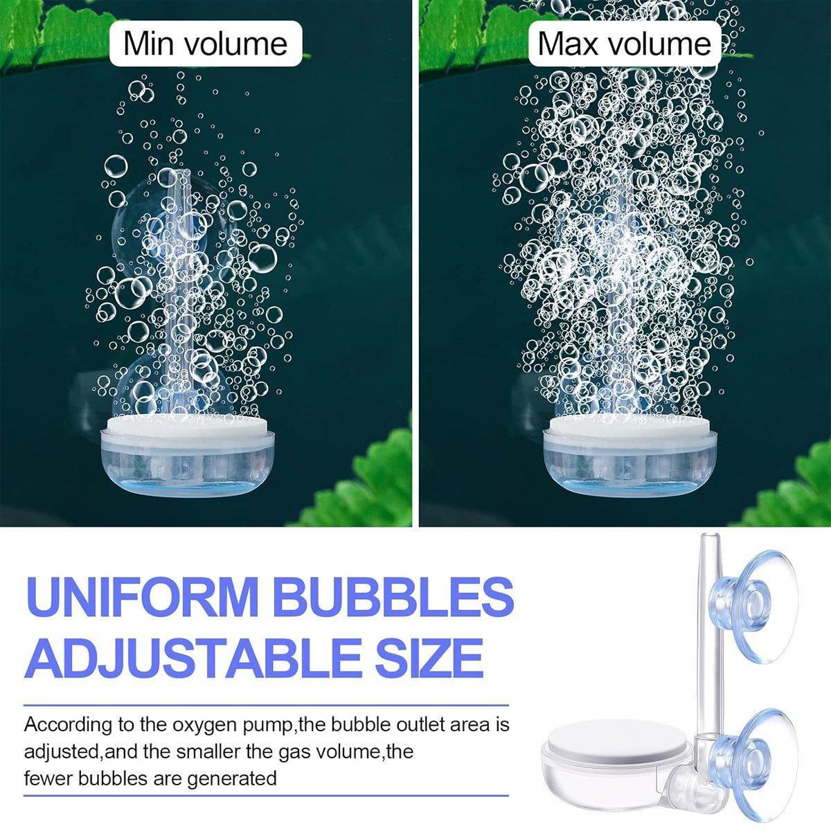 Aquarium air stone diffuser with adjustable bubble volume, shown in use underwater.