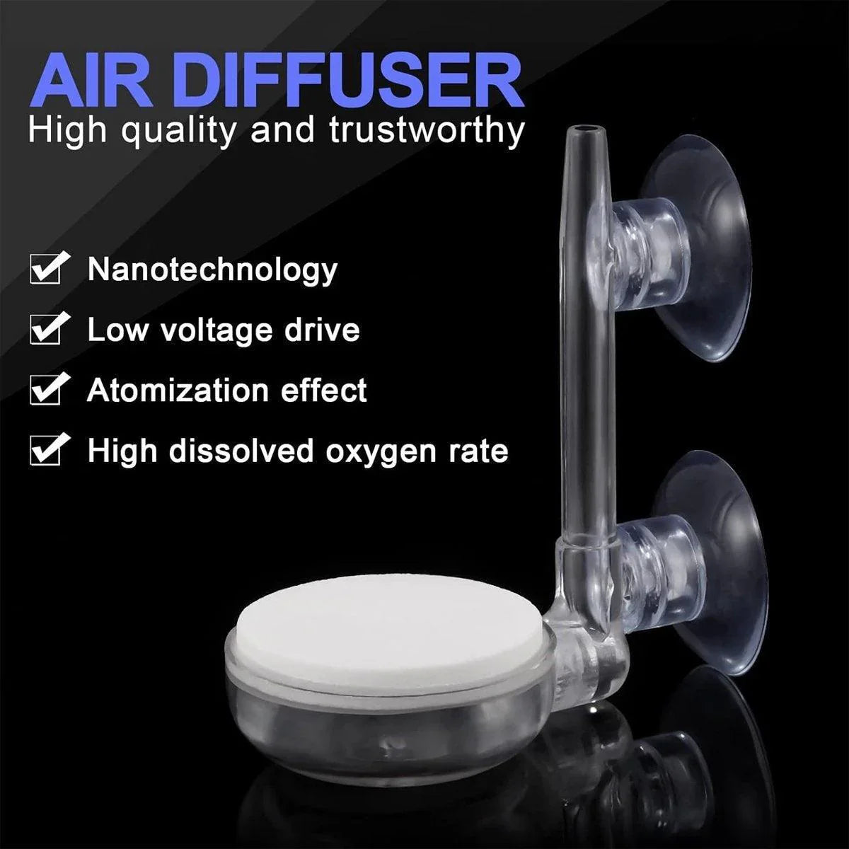 Transparent aquarium air diffuser with suction cups and white ceramic disc, nanotechnology oxygenator.