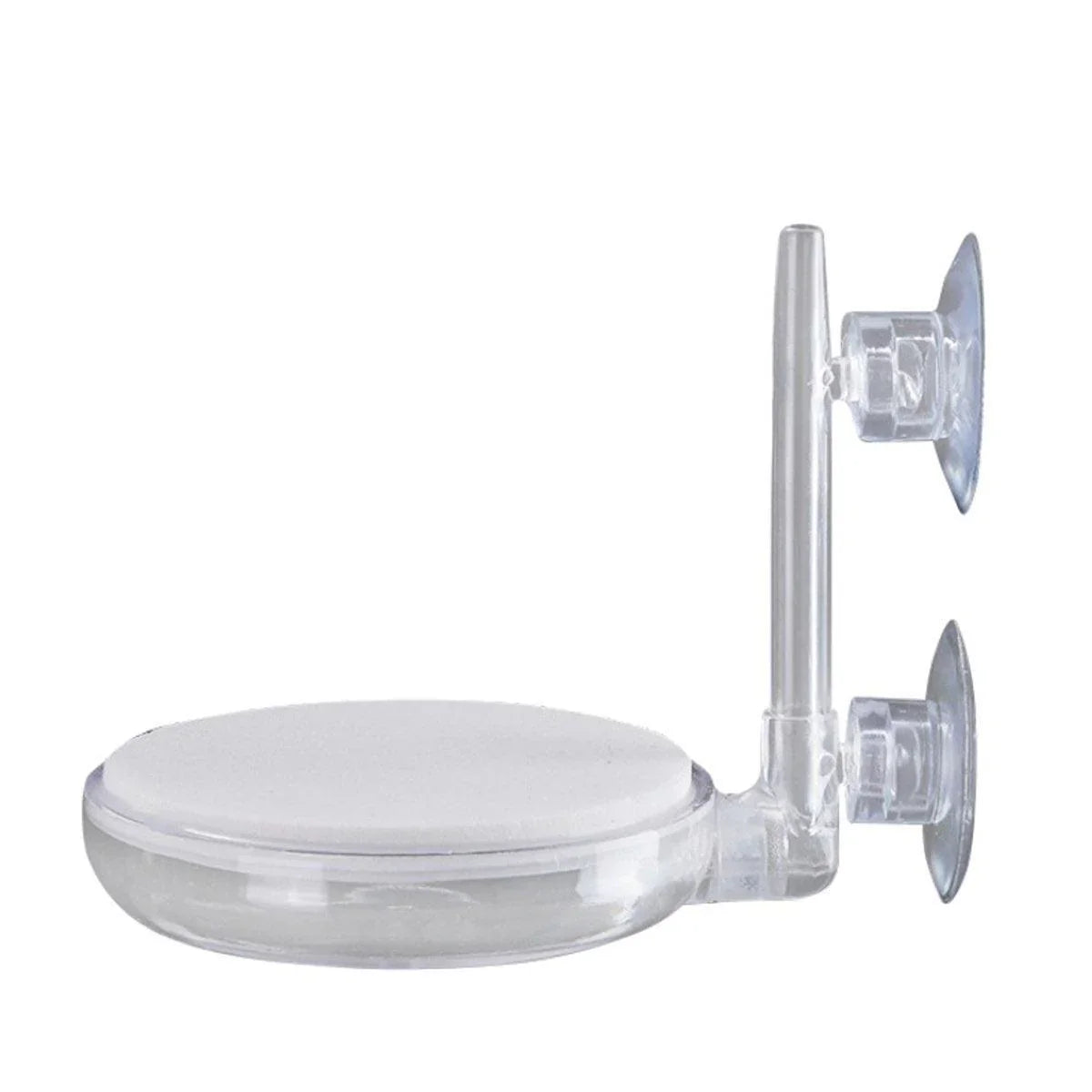 Clear plastic soap dish with suction cups for wall mounting, minimalist bathroom accessory