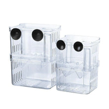 Two transparent plastic fish breeding boxes with black suction cups for aquarium use