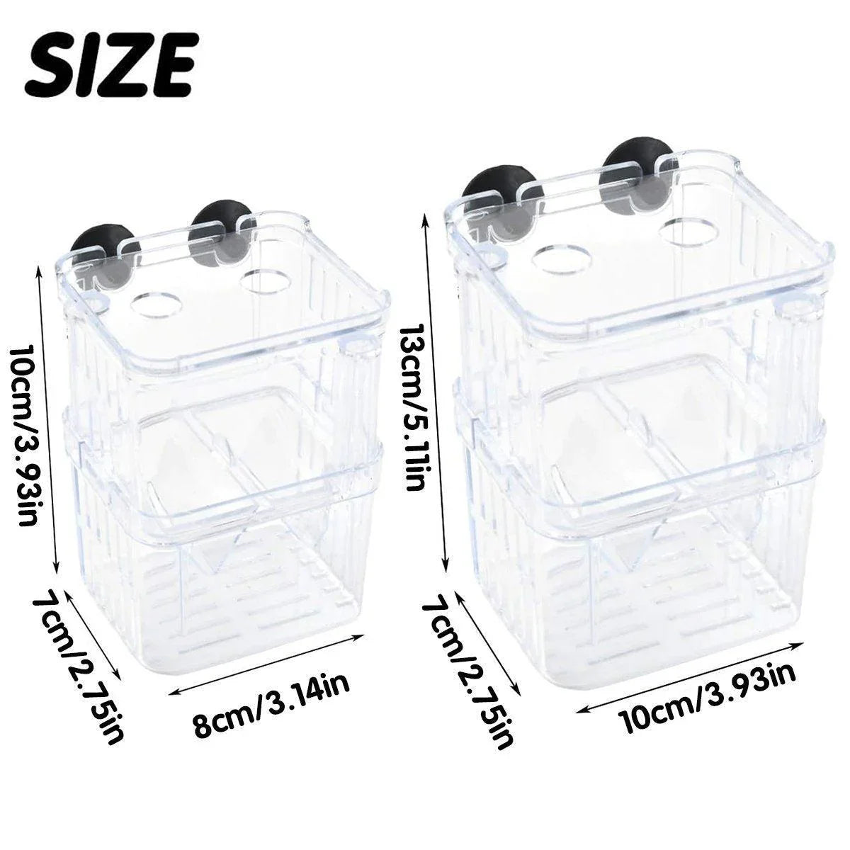 Clear plastic fish tank hatching boxes in two sizes with measurements and suction cups